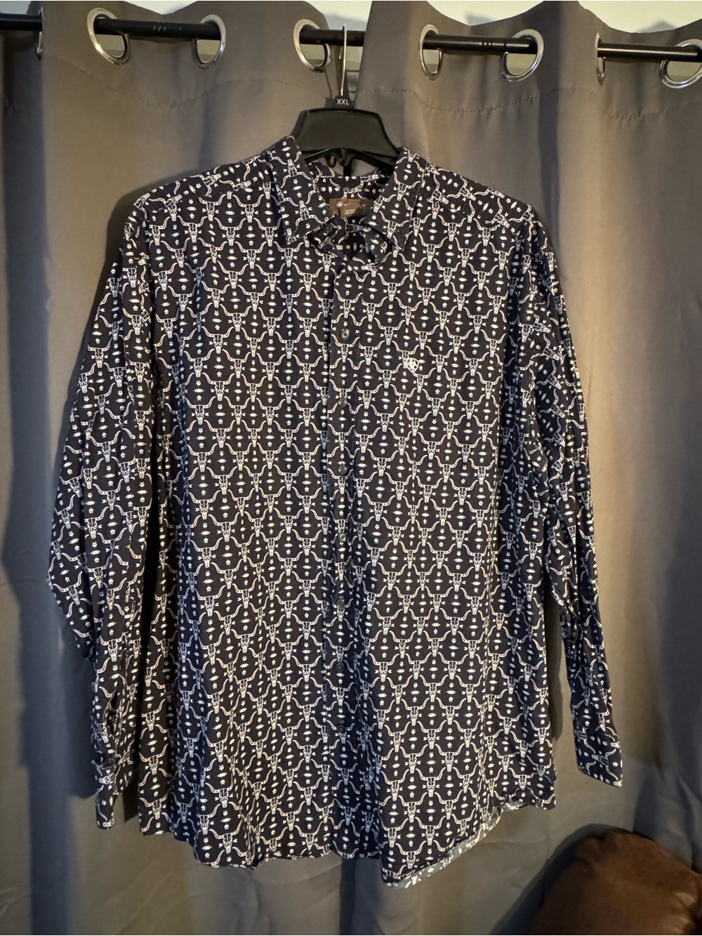 Ariat Navy and Steer Head Pattern Button-Down Shirt